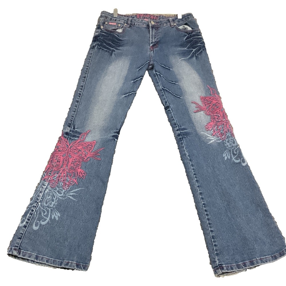Y2K Platinum Plush Sz 11 Embroidered Pink Butterfly Details Moto Boot Cut Jeans